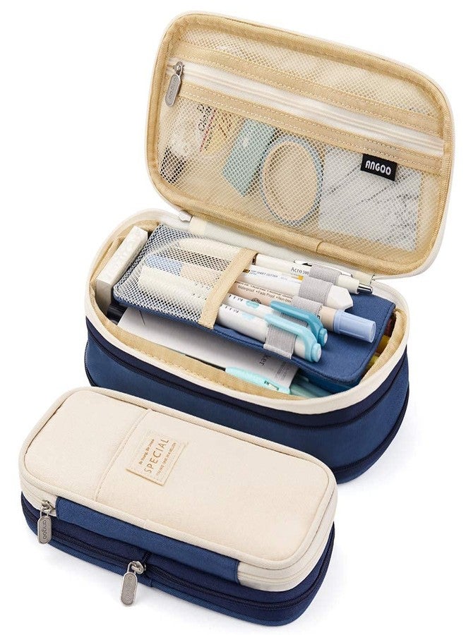 Qolixs Nylon Large Capacity Pencil Case, Durable Storage Multiple Compartment Double Zipper Portable Capacity Pencil Pouch for College Student Teen (22X11Cm) (Navy Blue) - Image 1